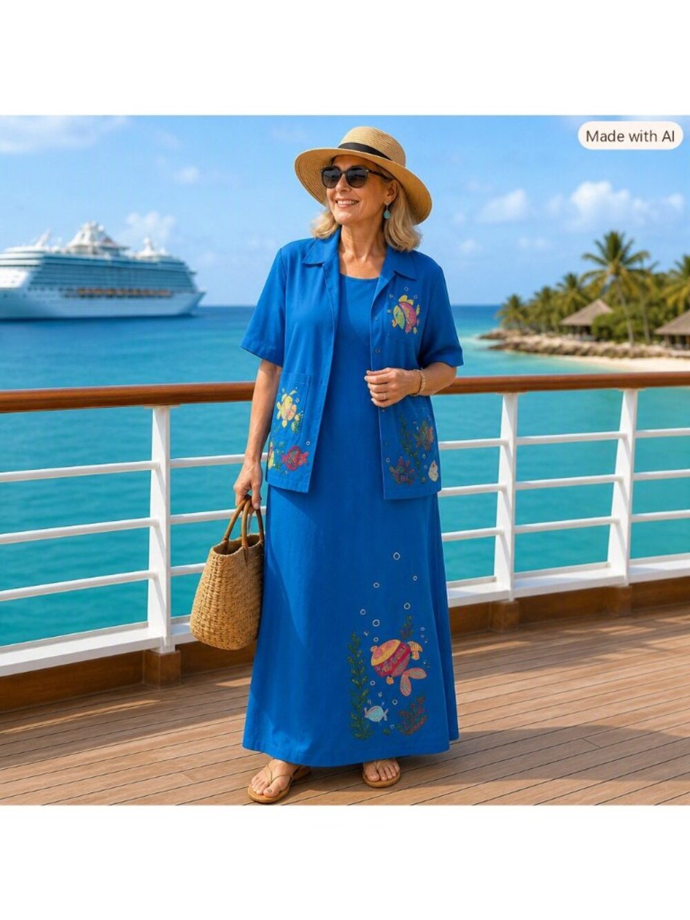 Davina Women’s Blue Embroidered Maxi Dress & Jacket Set 1X Cruise Resort Travel